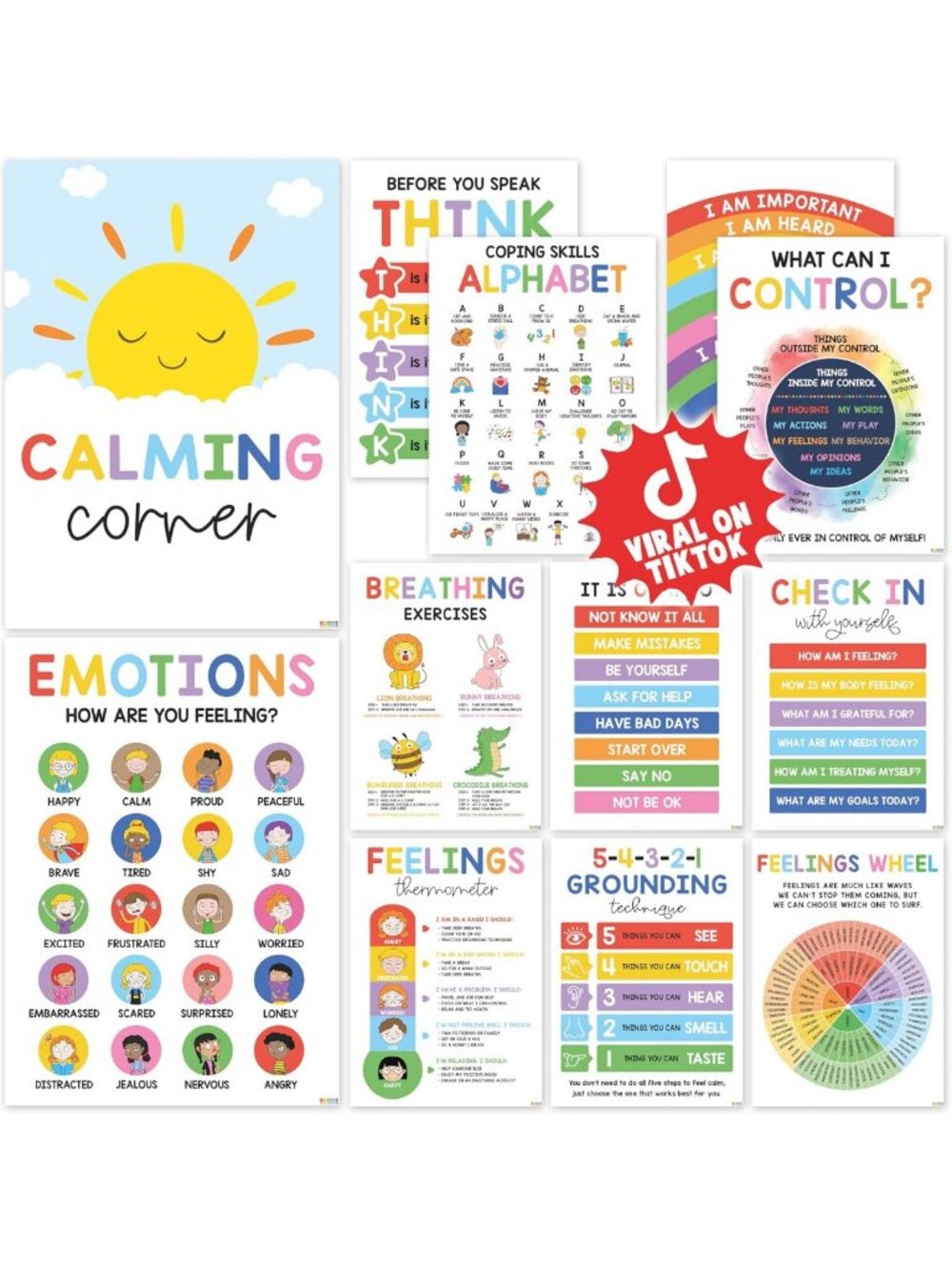 12 Calming Classroom Posters - Feelings Wheel & Emotions Chart for Kids' Therapy